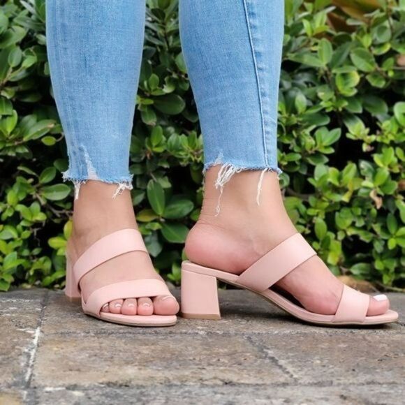 Women's Mauve Square Sole Double Strap Chunky Heel Sandals - Picture 2 of 5